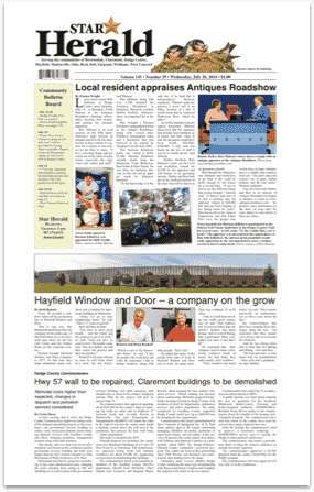 Star Herald Newspaper front page showing artical about Hayfield Window & Door growing - publish date July 16, 2014, article title: Hayfield Window & Door – a company on the grow