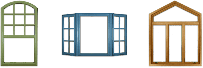 Three different window color styles, one with a green wood finish, another bay-style window with blue finish, and a third specialty shape with wood texture